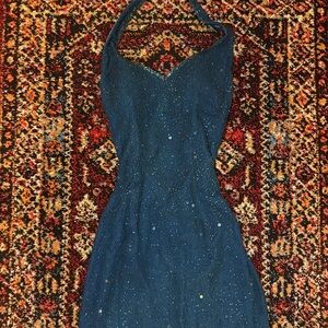 Vintage Adrianna Papell Silk Beaded Halter Gown turquoise, pristine condition